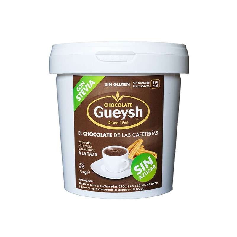 Chocolate a la taza GUEYSH SIN AZUCAR en envase de 700g. Con Stevia